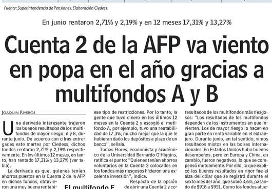 Ciedess en LUN Cuenta 2 de la AFP va viento en popa en el año gracias a multifondos Á y B CIEDESS